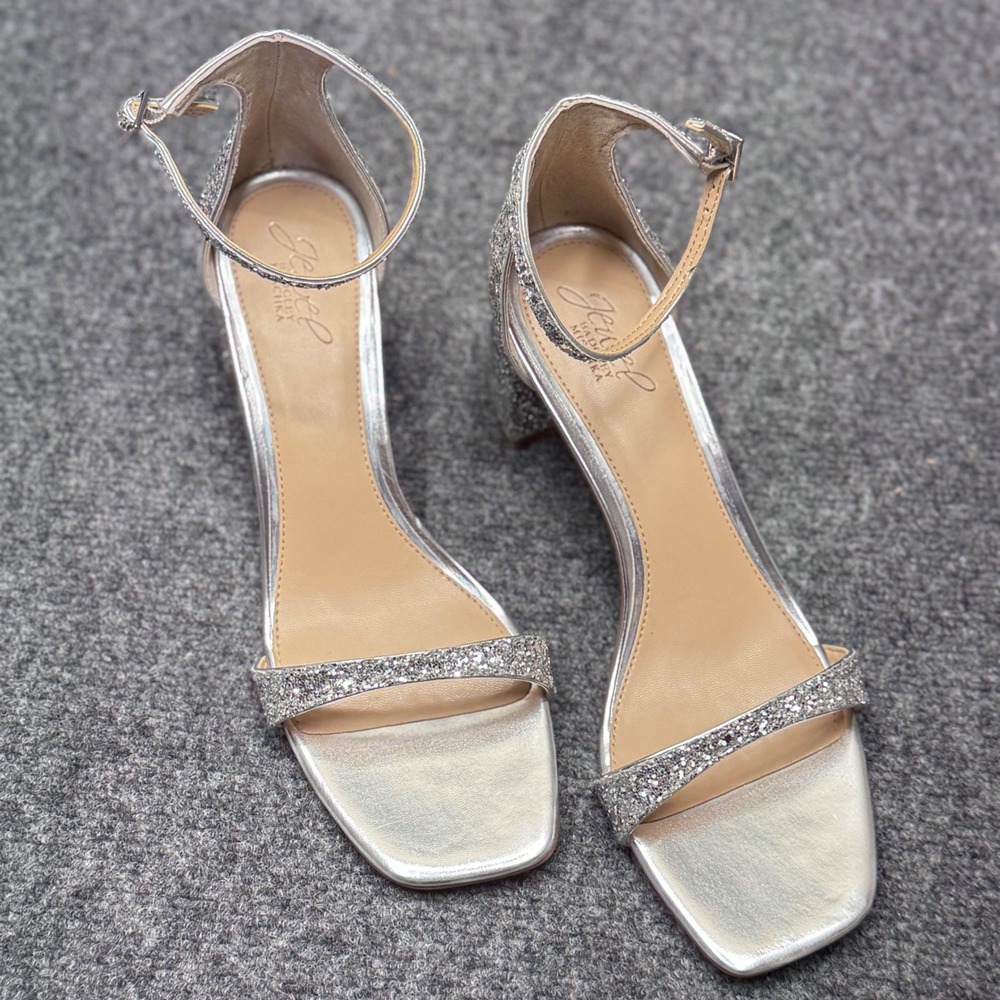 Jewel Badgley Mischka Block Heel Sandal Wmns 10 Silver Glitter Glam Wedding Prom - Picture 2 of 7